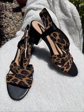 Bella Vita Leopard Print Block Heel Slingback Sandals - Brown/Black